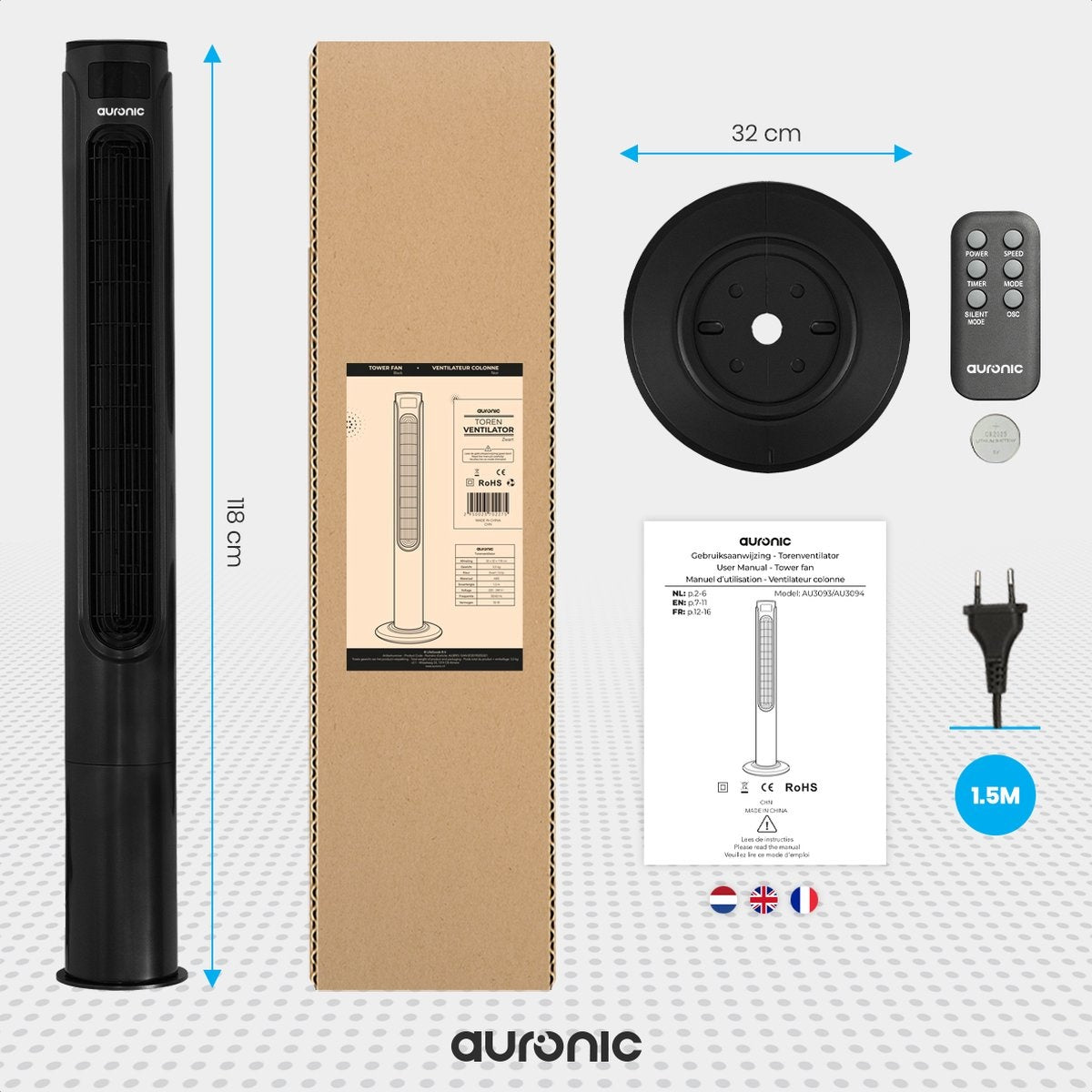 Auronic Tower Fan - Standventilator mit Fernbedienung - Timer - 55W - 45dB - 118cm - Schwarz