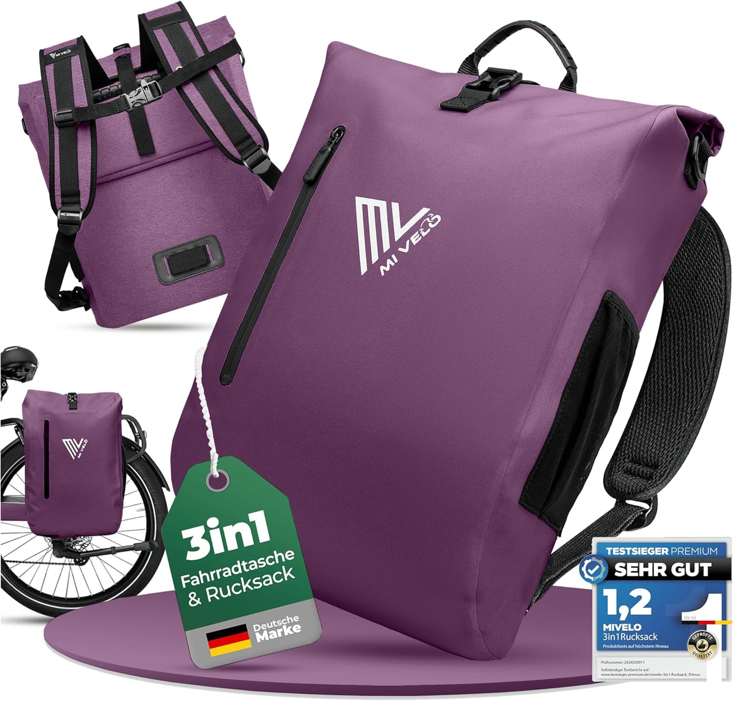 MIVELO 3-in-1 Fahrradtasche, Rucksack & Umhängetasche - wasserdicht, 20L, 42x32x15 cm - TPU, lila - mit Laptopfach & Schnellverschluss-System