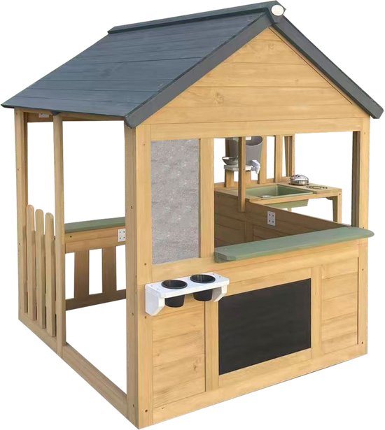 AXI Lizz Spielhaus Braun/Anthrazit – Holzspielhaus mit Spielküche, Kreidetafel, Spiegel, Blumentöpfen und Zubehör – FSC-zertifiziertes Holz – Gartenhaus für Kinder – 10 Jahre Garantie