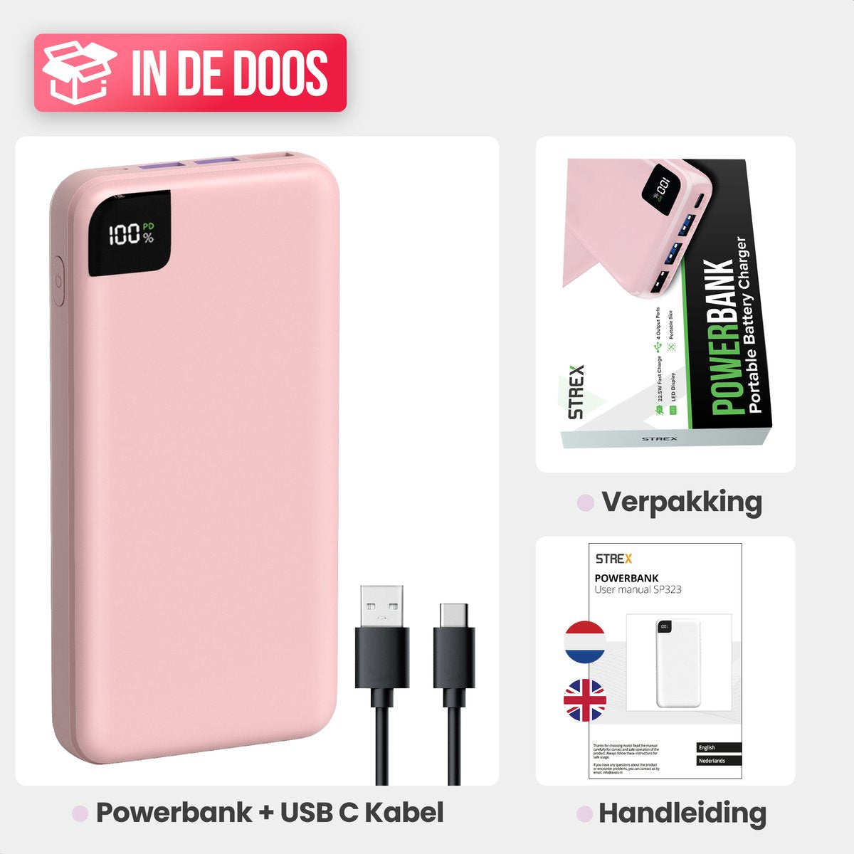 Strex Powerbank Pink - 27.000 mAh - 22,5W Schnellladegerät - USB-A/USB-C - LED-Anzeige - Universal-Powerbank u.a. geeignet für iOS/Android