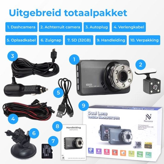 Nuvance - Dual Dashcam fürs Auto - Front- und Heck-Dashcam - Full HD - inkl. 32gb SD-Karte - Parkmodus mit G-Sensor und Nachtsicht - 170° Blickwinkel und IPS-Display