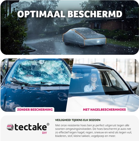 tectake Car Cover - Autoplane - Hagelschutz - Wasserdichte Decke - Atmungsaktiv - Elastische Autogarage - Autozubehör mit Aufbewahrungstasche - Kompatibel mit vielen Modellen - Größe (LxBxH) 406x165x120 cm - Small