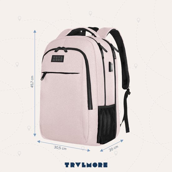 TRVLMORE Rucksack - 28L - 15.6 Zoll - Laptop-Rucksack mit USB - Anti-Diebstahl - Männer und Frauen - Tasche Pink