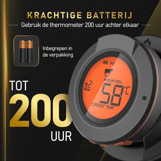 MostEssential AT-02 Fleischthermometer - Smart BBQ Thermometer - Inklusive Bluetooth, App & 2 Messfühler