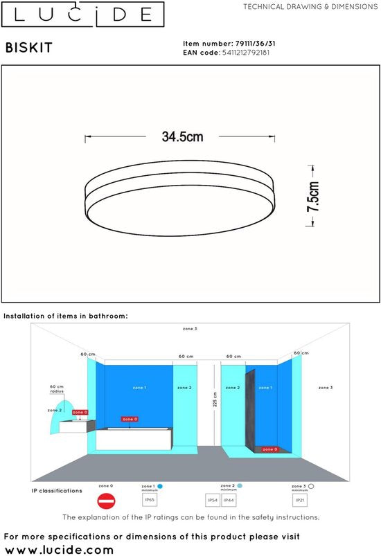 Lucide BISKIT – Deckenleuchte (Deckenlampe) für das Badezimmer – Ø 34,5 cm – LED – 1x24 W, 2700 K – IP44 – Bewegungssensor – Weiß