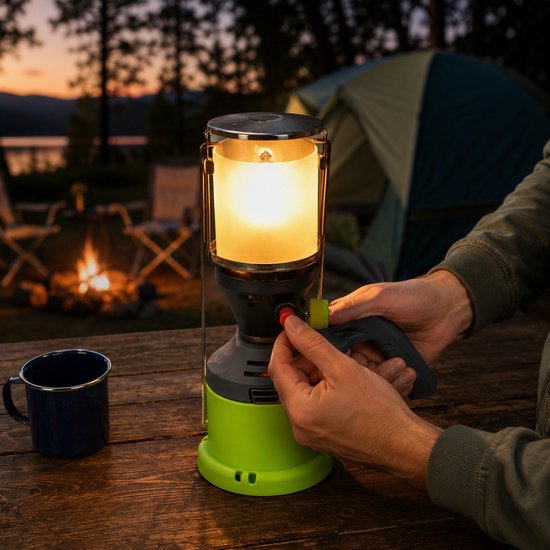 Kinzo Gaslampe – Campinglampe mit Gasbetrieb – Mit Piezo-Zündung und Tragegriff – Inklusive 3 Gasschläuche – 500 W