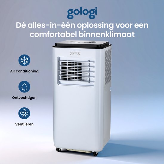 Gologi 3-in-1 Mobiles Klimagerät - Luftkühler mit Wifi und App - 9.000 BTU/h - Mit Fensterdichtungsset - Inklusive Fernbedienung - Geeignet für Schlafzimmer - Weiß
