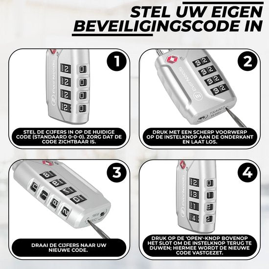 EverNeeds Kofferschloss - TSA-Schloss - 4-stelliges Vorhängeschloss - Zahlenschloss - Silber - 2 Stück