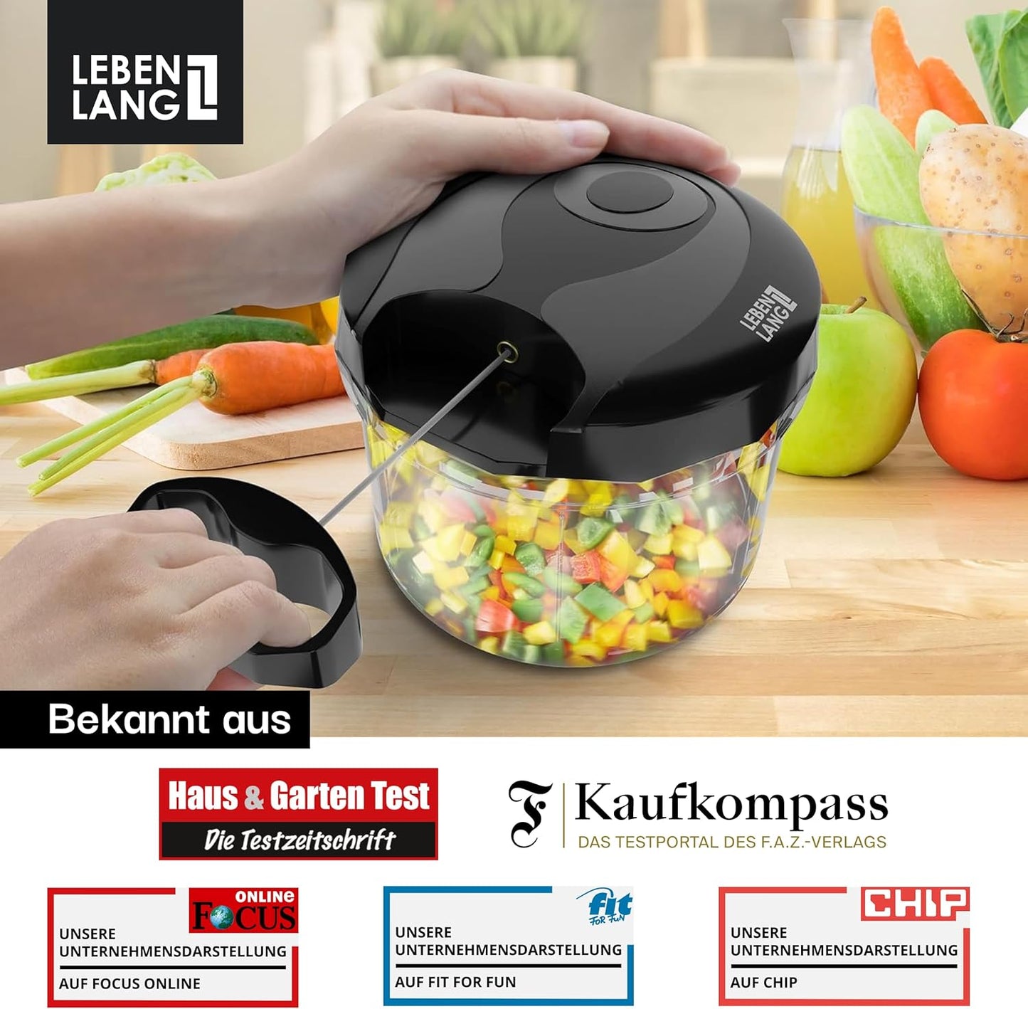 LEBENLANG Manueller Gemüse- und Zwiebelschneider - Inkl. Schneebesen & Frische-Deckel - 1L - 14 x 14 x 13 cm