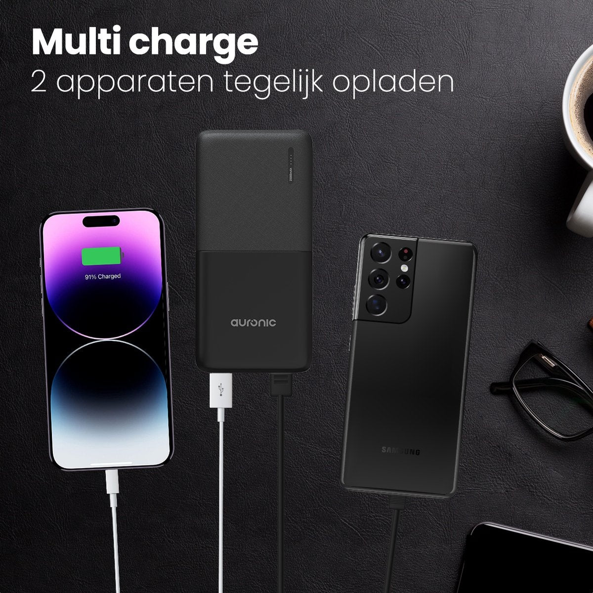 Auronic Powerbank - 20.000 mAh - 4 Anschlüsse - 2,4A USB/Micro-USB/USB-C - Inkl. Kabel - Schwarz