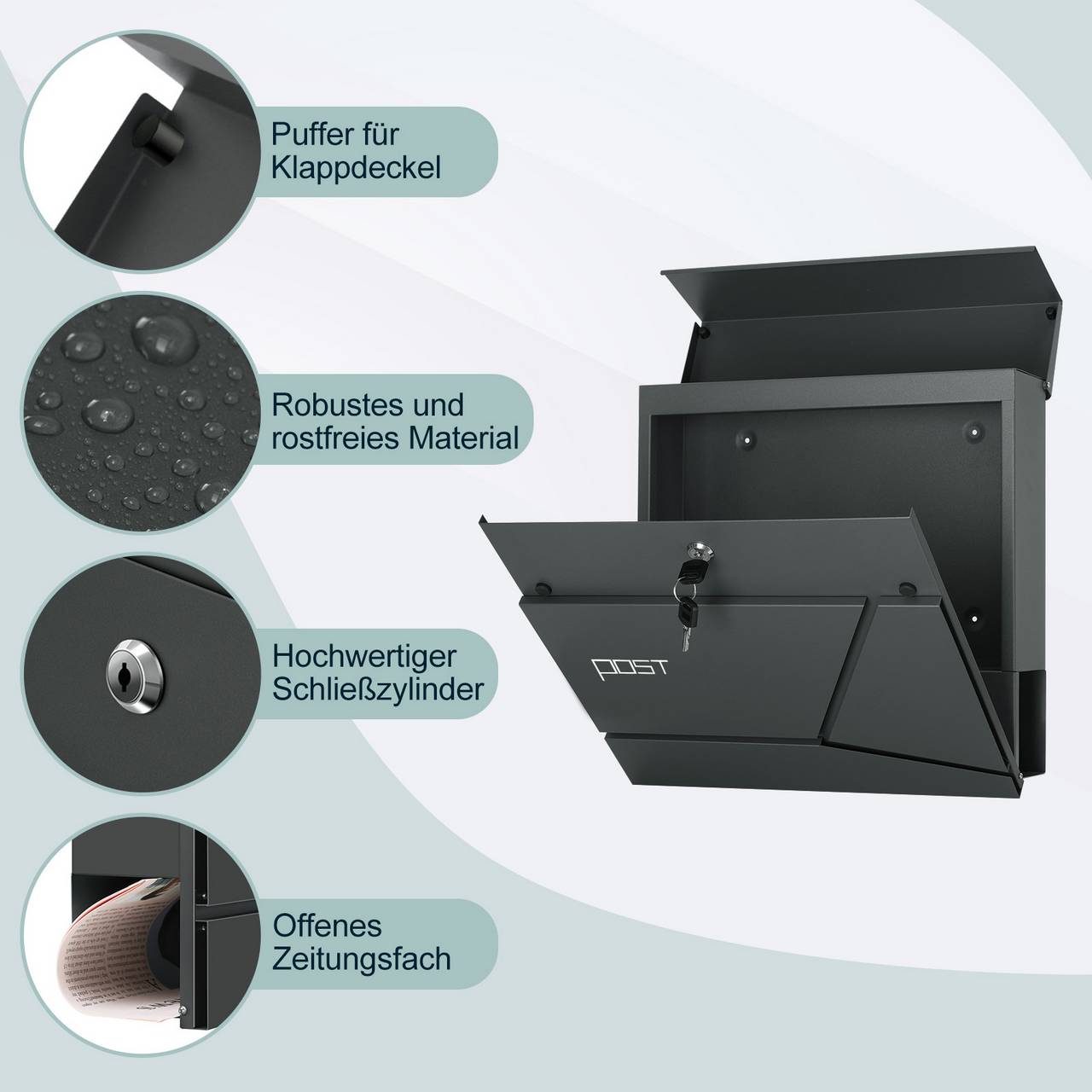 Woltu Briefkasten mit Zeitungsfach – Anthrazit – Stahl – 37 x 37 x 10,5 cm