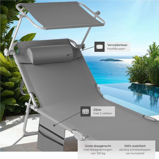 tectake® - Liege Sonnenliege Liege - 4 Positionen, klappbar - grau - 68 x 190 x 28 cm, mit Seitentasche