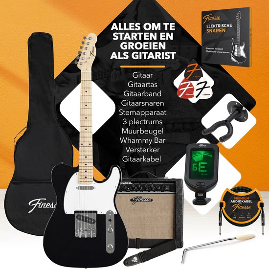 Finesse E-Gitarre mit Verstärker – inklusive Videokurs – TE-Gitarre – Erwachsene – Kinder – Schwarz