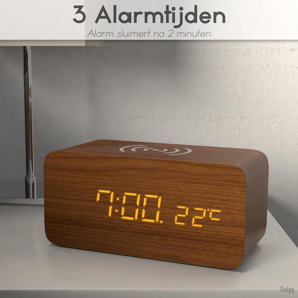 Gadgy Digitaler Wecker mit drahtlosem Ladegerät - Wecker aus Holz - Tischuhr - Wecker mit Temperatur, Datum und Uhrzeit