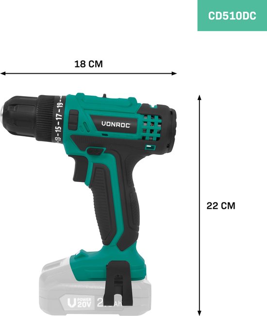 VONROC Akku-Bohrmaschine 20V - 19 Schraubpositionen + Bohrposition - Inkl. 2 Bits - Exkl. Akku und Schnellladegerät
