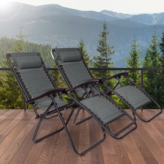 LifeGoods Faltbare Gartenstühle - mit Sonnendach - Verstellbarer Sonnenschirm - 2 Stück - 30°-90° verstellbar - Metall - Dunkelgrau