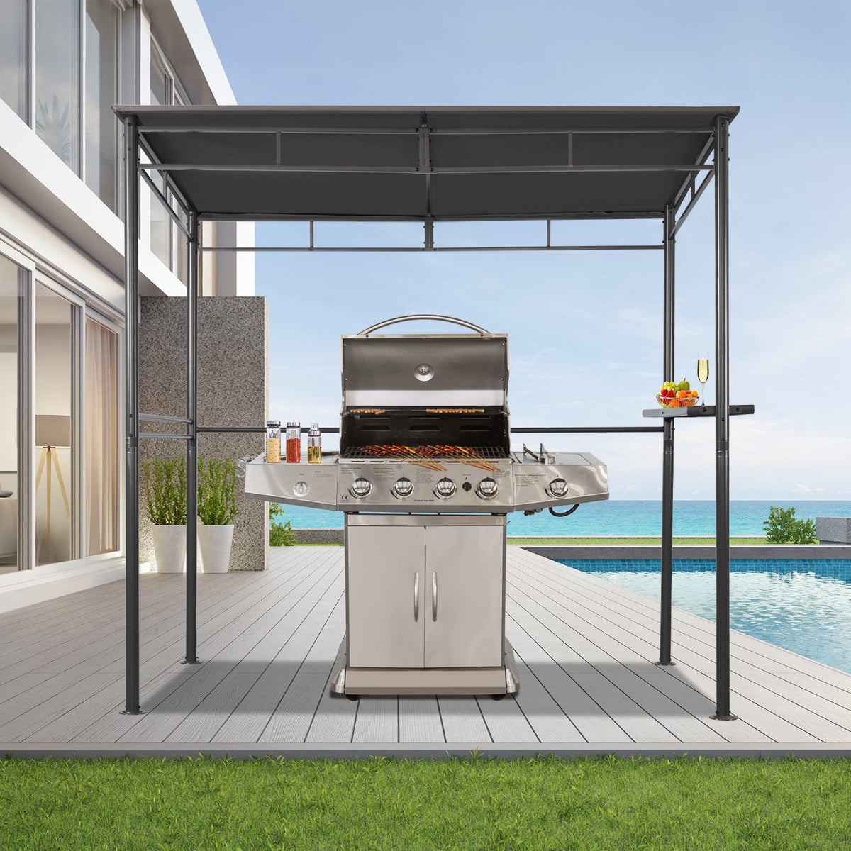 Angel Living Grillpavillon – 218 x 150 x 215 cm – Mit Seitenablage und 5 Haken – UV-Schutz – Stahl – Grau