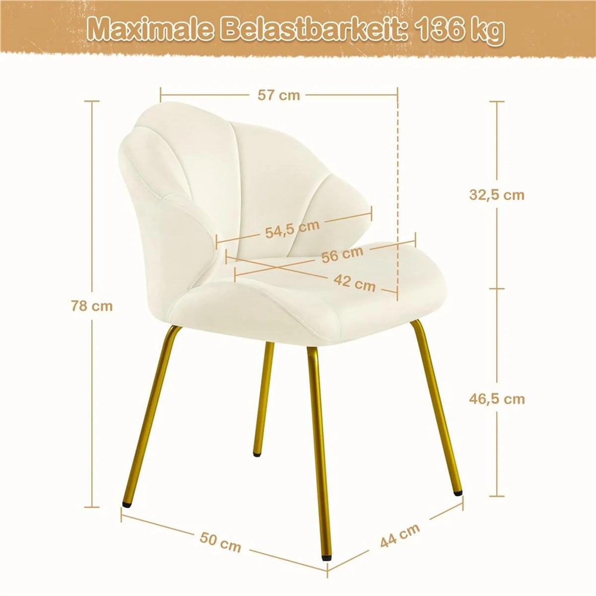 Yaheetech Esszimmerstuhl in Muschelform – gepolstert mit Metallbeinen – 56 x 57 x 78 cm – Beige