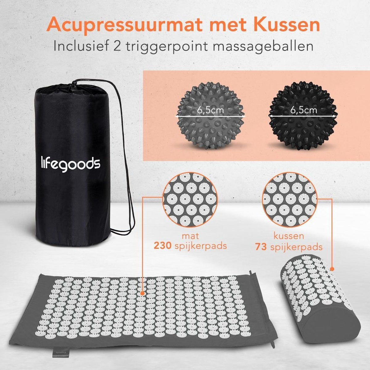 LifeGoods - Akupressurmatte mit Kissen - Shakti Matte - Nagelmatte inkl. 2x Triggerpunkt Ball - 66x40x2cm - Grau/Weiß