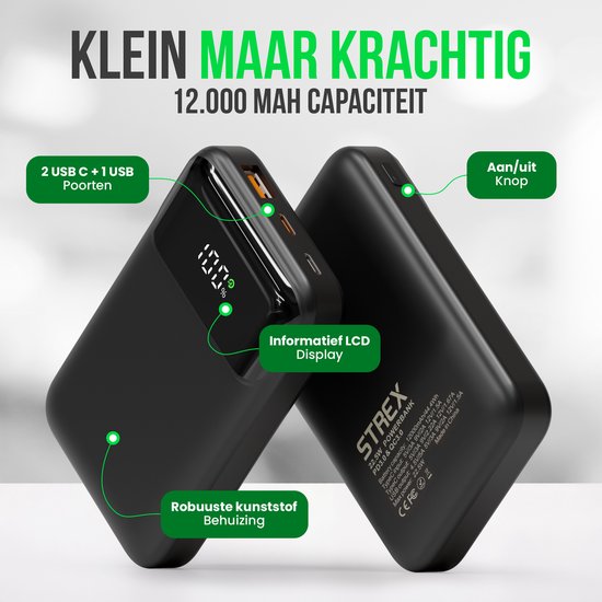 Strex Powerbank - 12.000 mAh - 22,5W Schnellladegerät - USB-A/USB-C - LED-Anzeige - Universal Powerbank geeignet für iOS/Android, u.a.