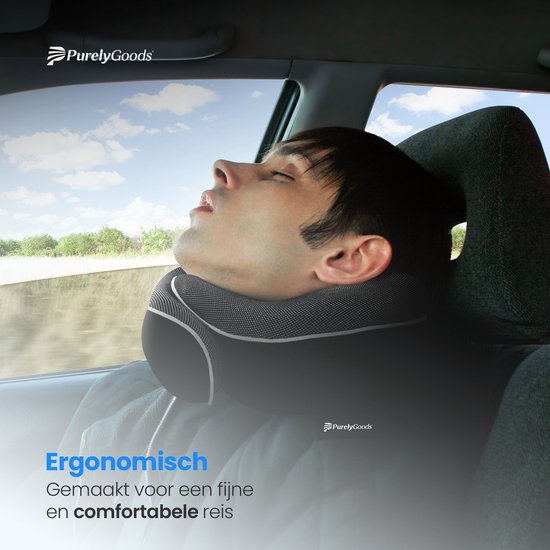 PurelyGoods® Nackenkissen - Luxuriöses Reisekissen-Set - Memory Foam - Flugzeug & Auto - Schwarz - inkl. Schlafmaske und Ohrstöpsel