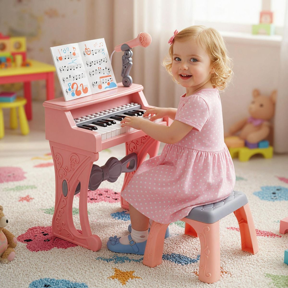 Coast Kinderkeyboard – 25 Tasten – mit Hocker, Notenständer und Mikrofon – rosa und grau