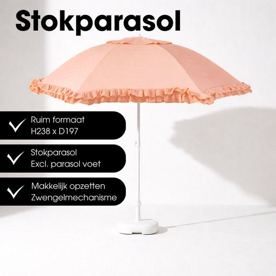 Mica Decorations Kippbarer Sonnenschirm mit Rüschen – Stangensonnenschirm 238 x Ø 195 cm – Garten- oder Balkonsonnenschirm – Polyester, Stahl – Pfirsich