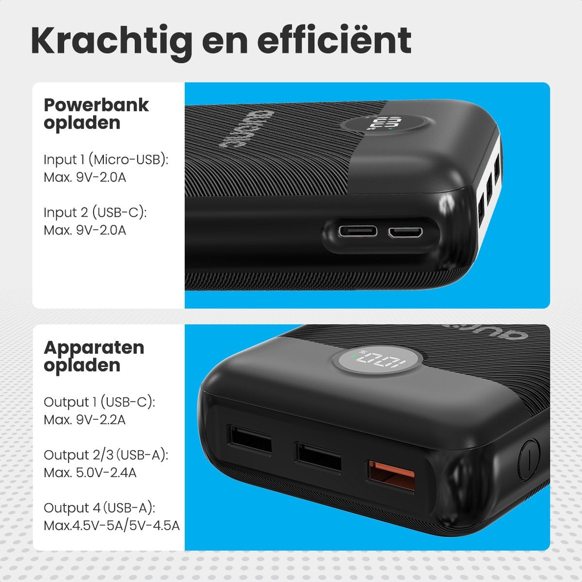 Auronic Powerbank - 30.000 mAh - 4 Ladeanschlüsse - Schnellladefunktion - USB/Micro-USB/USB-C - Schwarz