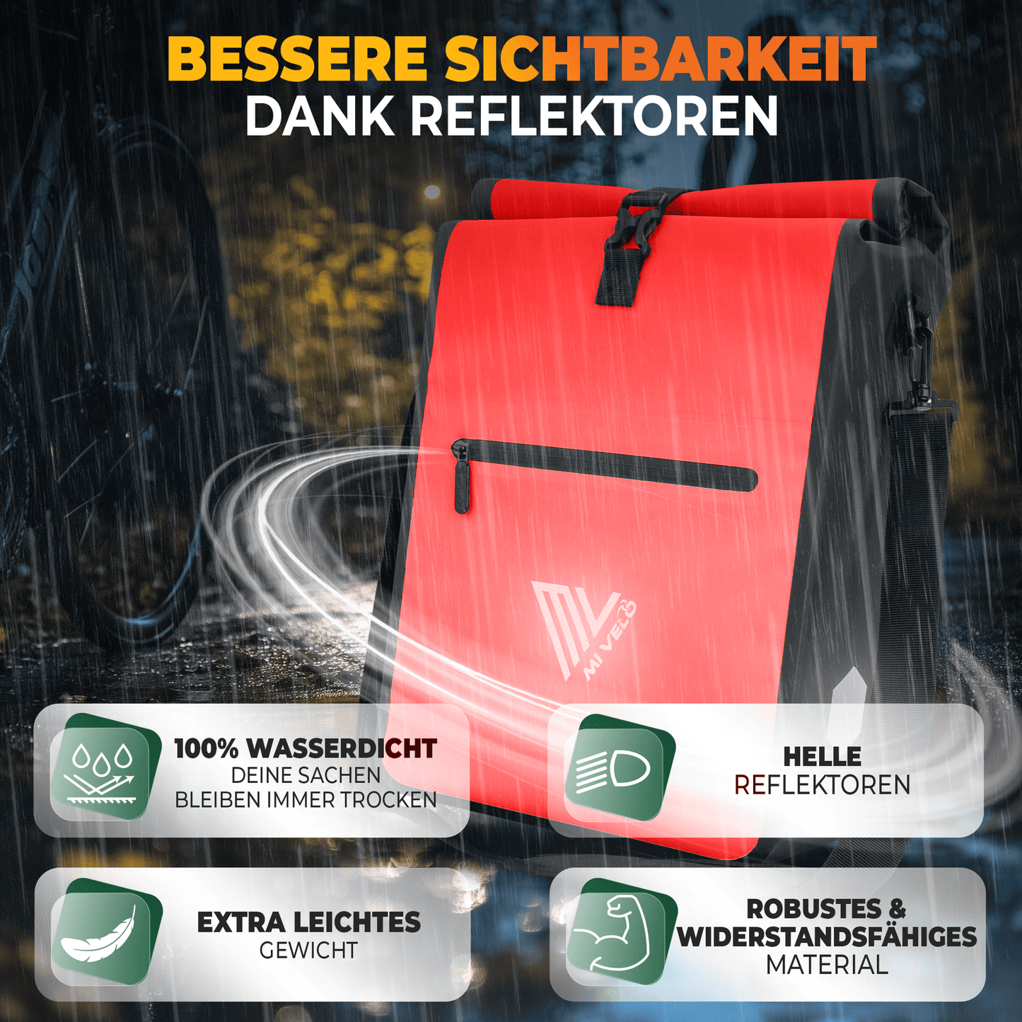 MiVelo Max - 2-in-1 wasserdichte Packtasche für Gepäckträger - Rot - 25 L