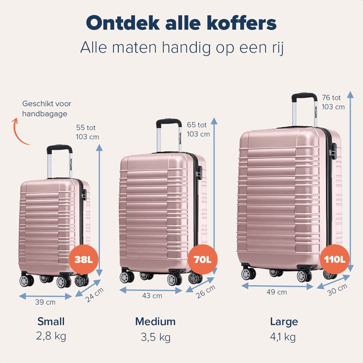 TRVLMORE - Kofferset - 2 Stück - 38L (Handgepäck) + 110L - Rose Gold