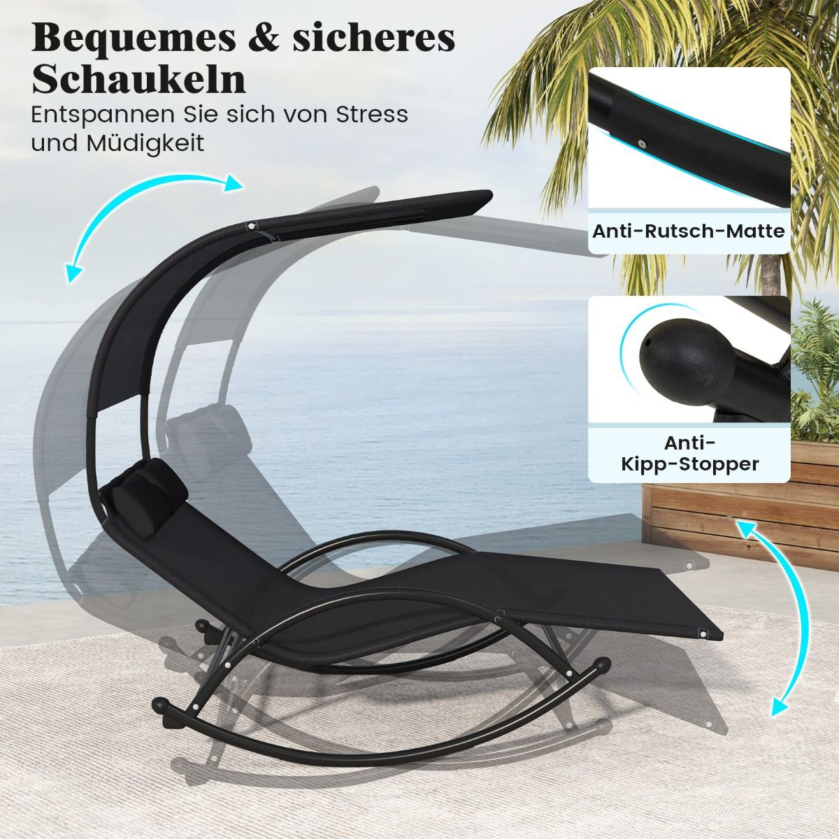Coast 2-Personen-Schaukelstuhl mit Sonnendach - 182 x 137 x 165 cm - Schwarz