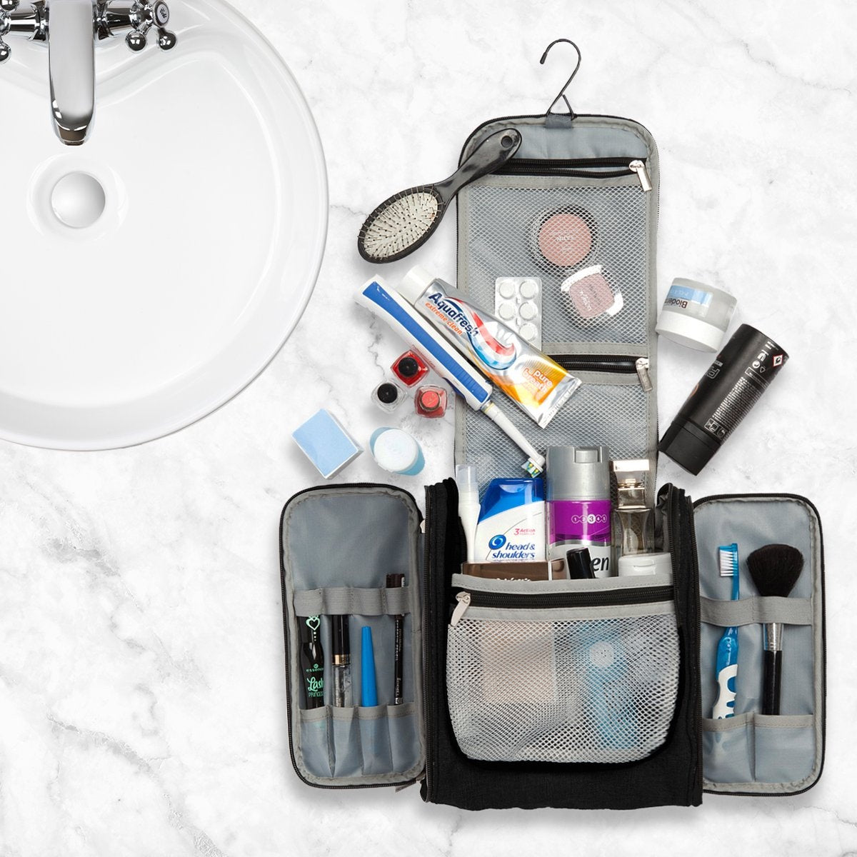 TRVLMORE Kulturtasche XL - Hängend mit Haken - Schwarz