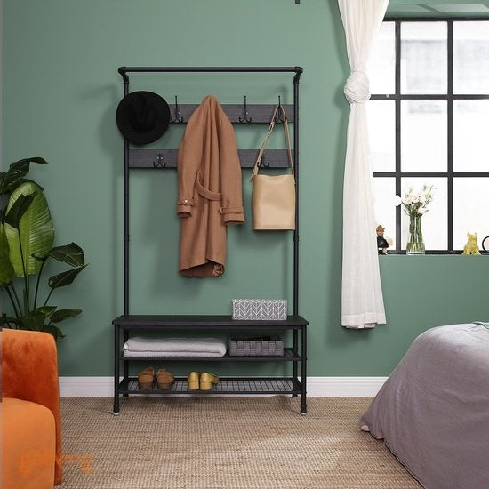Goliving Garderobe XL - Garderobenständer - Schuhablage - Stehend - Industrieschrank - Metall/Holz - 100 x 41,5 x 182 cm - Schwarz