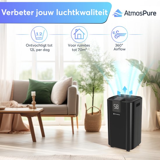 AtmosPure® Luftentfeuchter AirDry Elite - 12 l pro Tag - Waschtrockenfunktion - Luftreiniger perfekt für Waschküche, Bad, Wohnzimmer und Keller - Schwarz - Luftentfeuchter