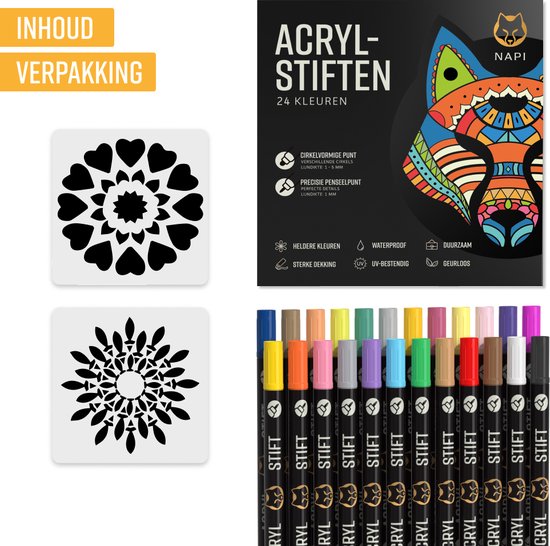 NAPI 24 Acrylmarker Dual Tip - Twinmarker - Malstifte Happy Stones - Steinmalerei mit Acrylmalstiften - Erwachsene und Kinder - Inkl. 2 Mandala-Schablonen
