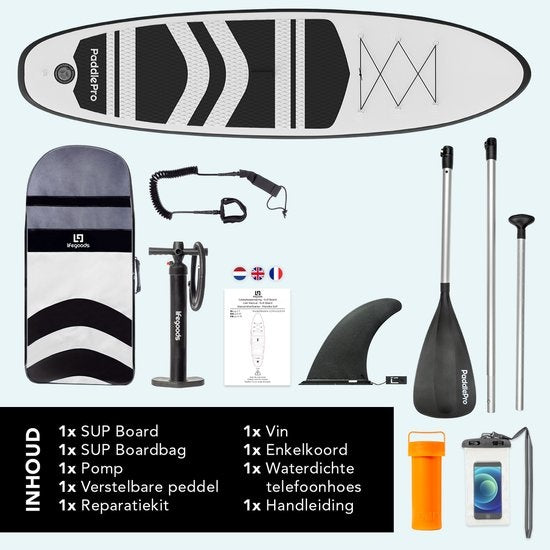 LifeGoods SUP Board - Aufblasbares Paddle Board - Komplettset - Max. 135KG - 320x81cm - Weiß/Schwarz