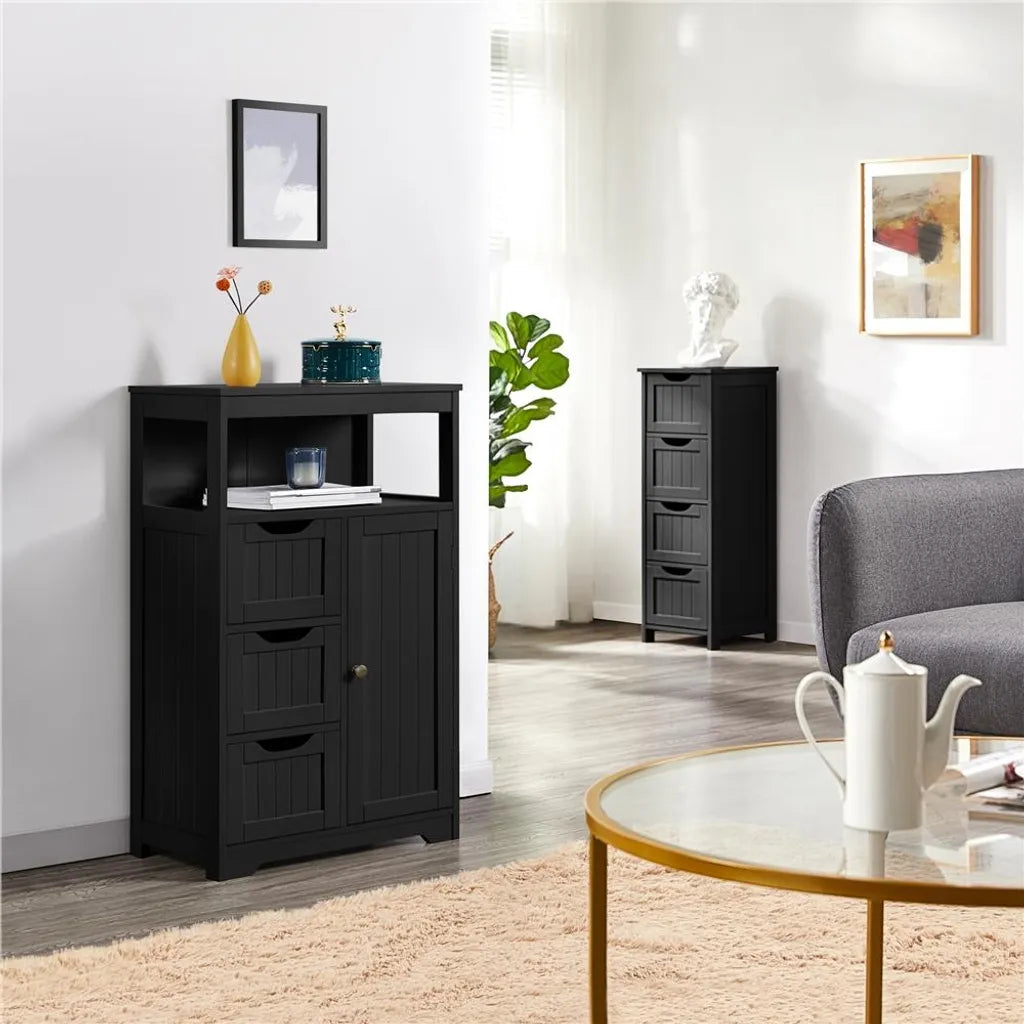 Yaheetech Badezimmerschrank mit 3 Schubladen und verstellbarem Einlegeboden – Schwarz – 55,5 x 29,5 x 86,5 cm