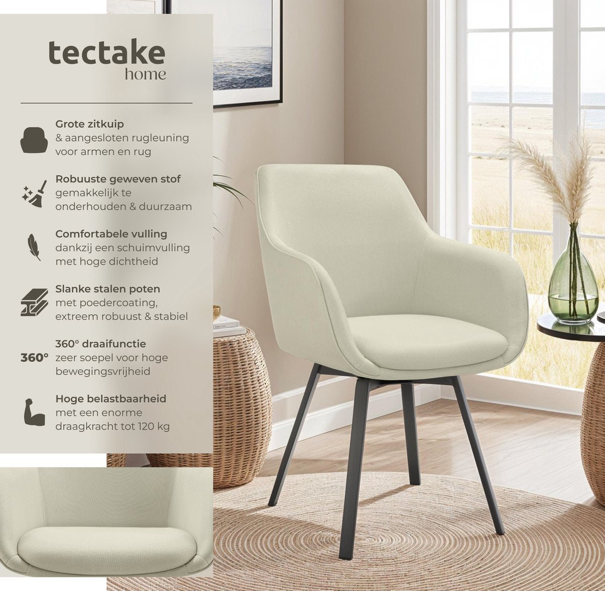 tectake® Esszimmer-Drehstuhl Alicon 57x59x88 cm - 2er-Set - Beige - Stilvolles und bequemes Design für Esszimmer, Wohnzimmer oder Büro