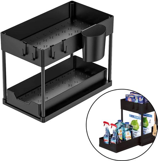 Nexxt Küchenschrank-Organizer - 2 Lagen - Regal mit ausziehbarer Schublade - Inklusive Haken und Tabletts - Spülen-Organizer - Schwarz