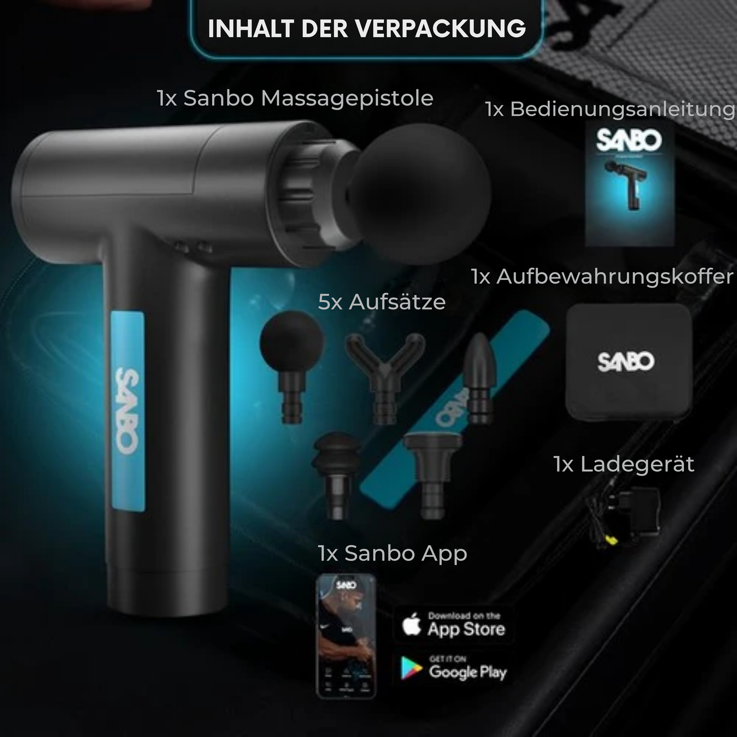 Sanbo Massage Gun Prime - Sport- und Entspannungsmassage - Profi - Inklusive Etui & App - Massagegerät - Fitness - Schwarz/Blau