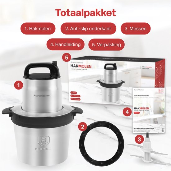 AoraKitchen - Zerkleinerer - Elektrisch - 5 Liter - 2000W - 4 Edelstahl-Messer
