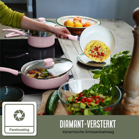 COOCK 19-teiliges Pfannenset - Spezielle Antihaftbeschichtung - Ergonomische Griffe - Recyceltes Aluminium - Bratpfannenset - Kochtopfset - Hellrosa - Inklusive Untersetzer und E-Book