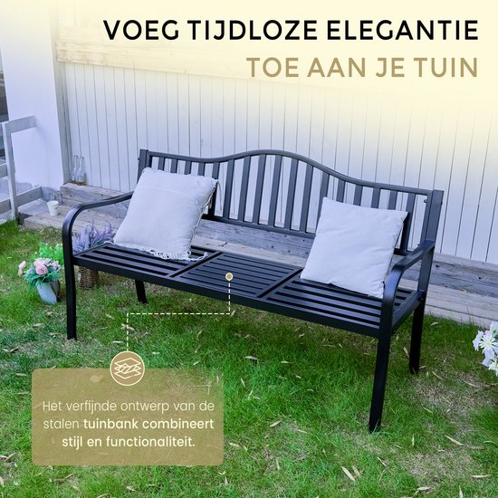 O'DADDY® Gartenbank mit Klapptisch - Gartenbank - Wetterfeste Bank - Gartenbänke - Bank für 2 oder 3 Personen - 150 x 60 x 87 cm - Schwarzes Metall