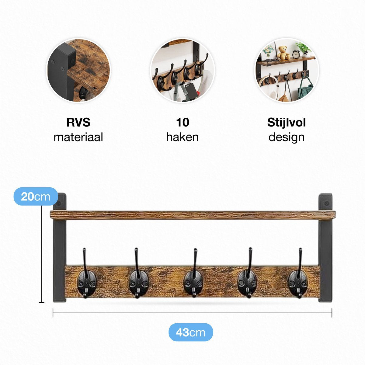 Luft Wandgarderobe mit Regal 73,5 cm - 10 Haken - Industrieller schwarzer Stahl & Holz - Wandgarderobe für Flur, Schlafzimmer oder Korridor