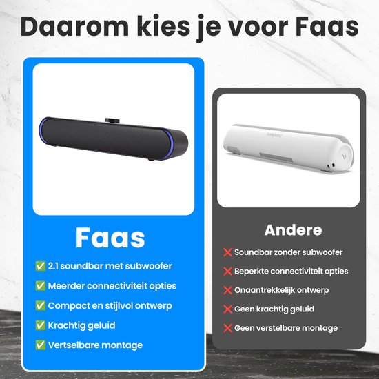 Faas - PC-Soundbar - Mit Mikrofon & Bluetooth 5.0 - USB-C & USB-A - Kompakter Computer-Lautsprecher - Schwarz - Plug & Play - Stereo-Sound