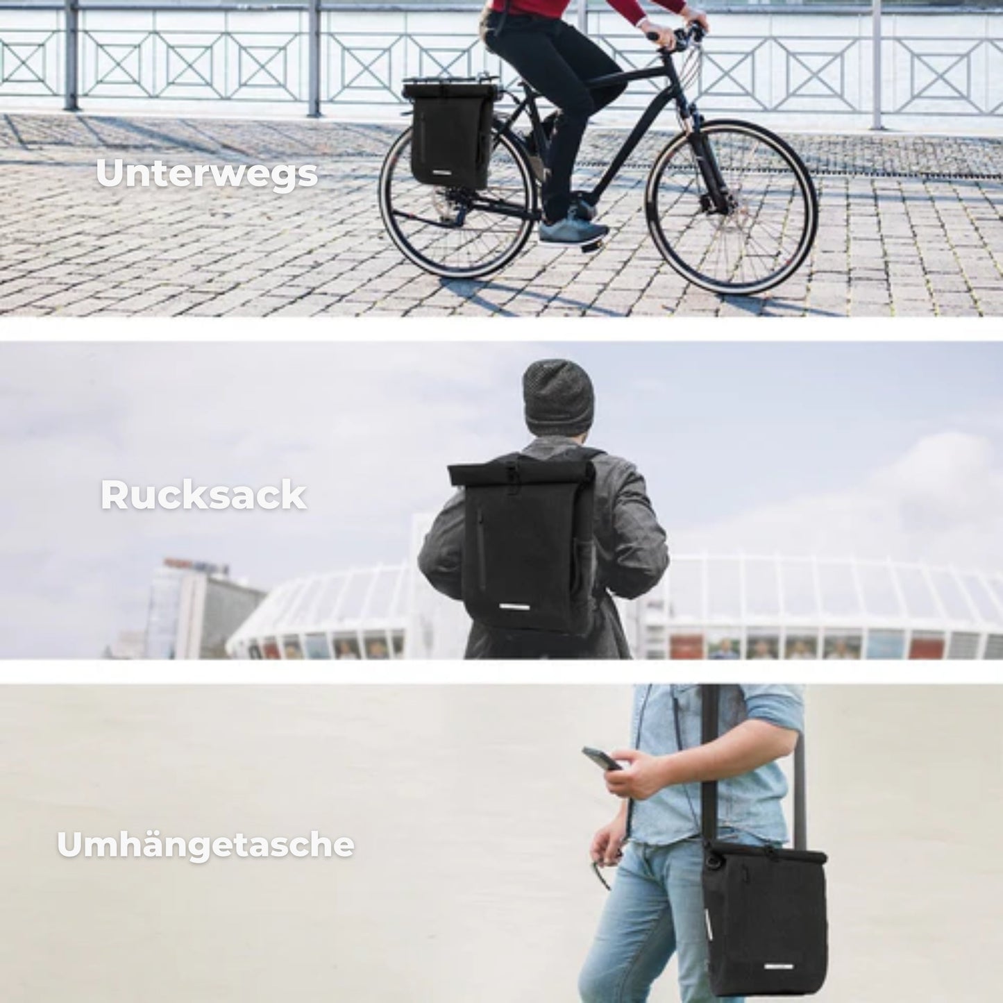 LifeGoods Single Bicycle Bag - Kompakt - Umhängetasche und Rucksack - 25L - Runder Gepäckträger - Wasserdicht - Schwarz