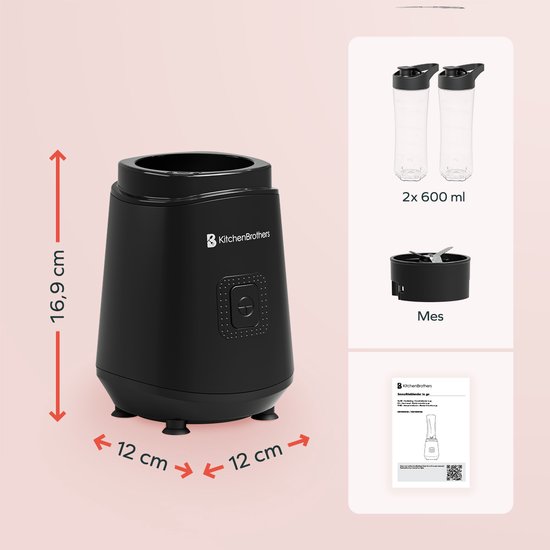 KitchenBrothers Mini Mixer - Mixer zum Mitnehmen - Smoothie Maker - 2 To-Go Becher 600 ml - Schwarz