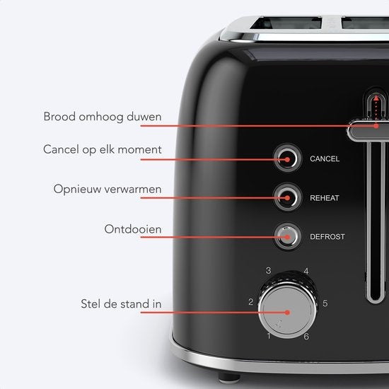 KitchenBrothers Toaster - Mit Toasty Clamps - 6 Heizstufen - Breite Schlitze - 870W - Schwarz