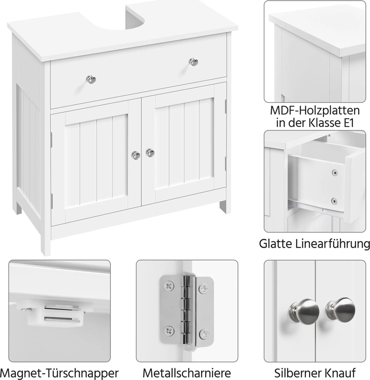 Badezimmerschrank mit Schublade und 2 Türen im Landhausstil, weiß, 60 × 30 × 60 cm