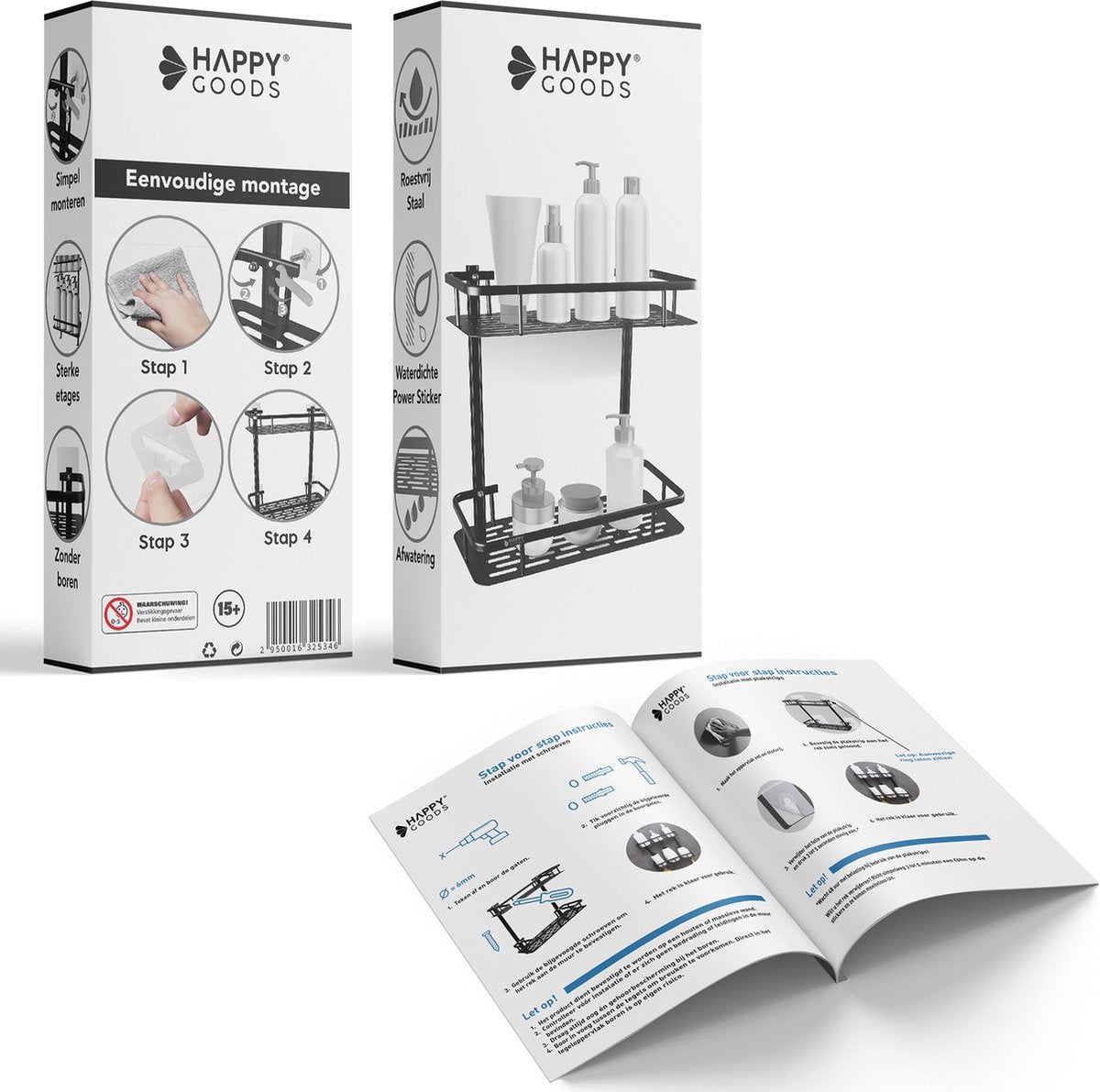 Happy Goods® Duschregal - 2-lagig - kein Bohren - Edelstahl - selbstklebend - 20kg Tragfähigkeit - schwarzes Badezimmerregal